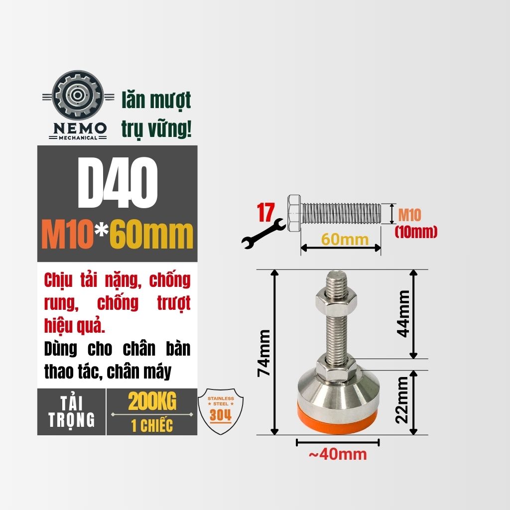 Chân Tăng Chỉnh Inox 304 Ren M10 – Chống Gỉ Tuyệt Đối, Đế Bát Dày Chịu Tải Nặng